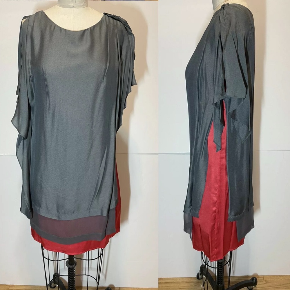 Preowned Poleci Dress 6GD994M Silk & Silk Blend Sz 6 Gray With Red Combo